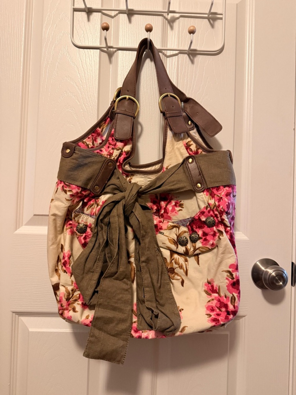 Deux Lux Anthropologie Floral Canvas Tote with Olive Bow Accent